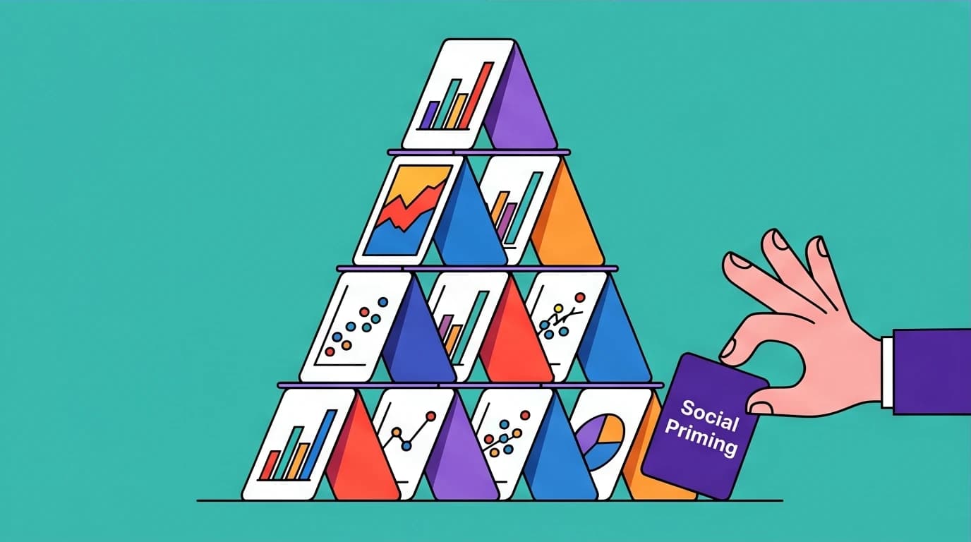 An illustration of a collapsing house of cards symbolizing the psychology replication crisis, a central controversy discussed in this Thinking Fast and Slow review.
