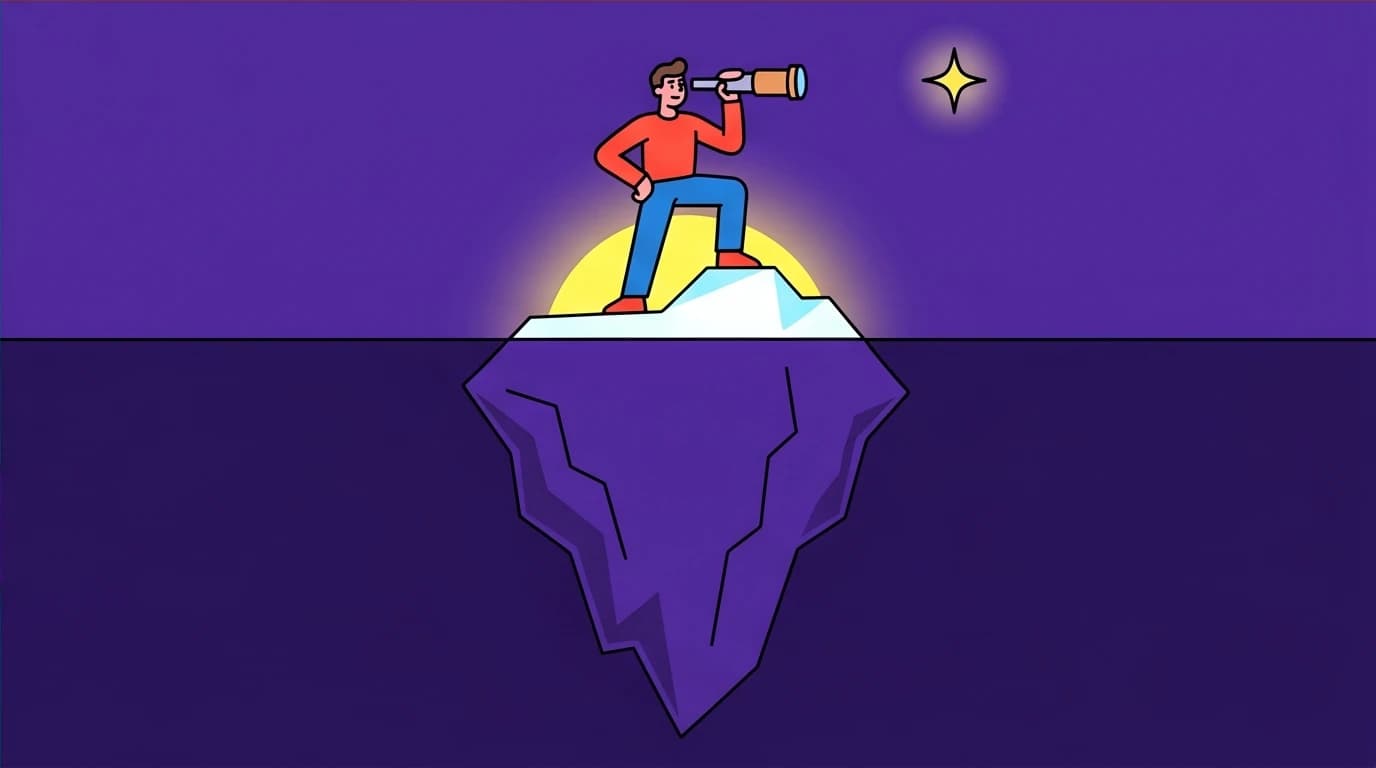 A character on an iceberg tip symbolizing the WYSIATI cognitive bias (What You See Is All There Is), a major takeaway on decision-making from Thinking Fast and Slow.