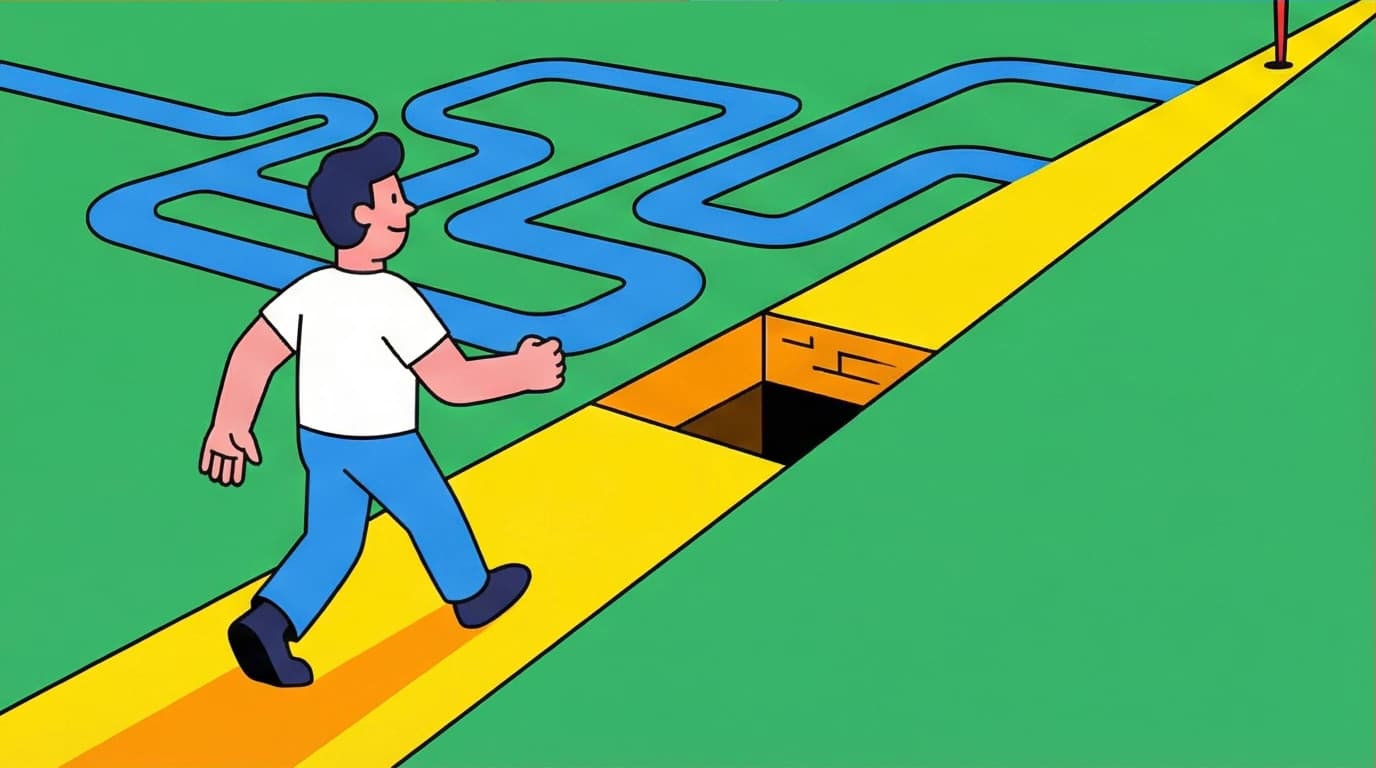 Illustration of cognitive biases from Thinking Fast and Slow, showing a person ignoring complex reality for a simple but flawed mental shortcut.