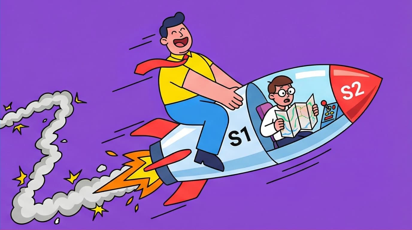 A visual metaphor for System 1 (a fast, intuitive rocket) and System 2 (a slow, analytical pilot) from Daniel Kahneman's Thinking Fast and Slow.