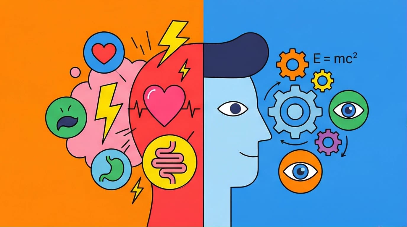 An illustration of the two mindsets from Thinking Fast and Slow, with System 1 being emotional and System 2 being logical, inspired by Daniel Kahneman's work.