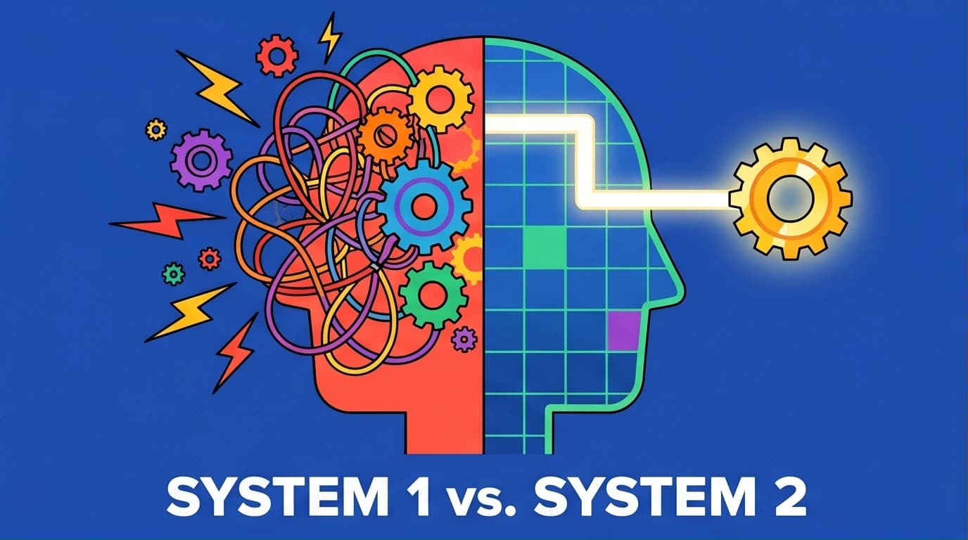 An illustration showing a brain split into two halves: a chaotic, emotional System 1 and a logical, orderly System 2, summarizing the core concept of Thinking Fast and Slow.