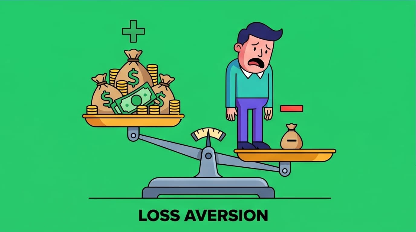 An illustration of loss aversion from Prospect Theory, where a small loss on a scale psychologically outweighs a much larger gain, a key cognitive bias in decision making.