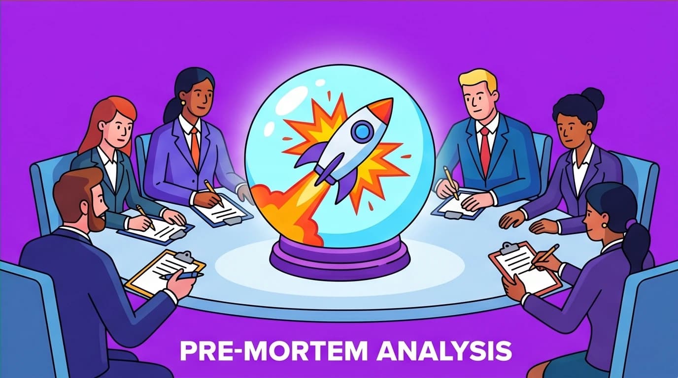 A business team uses the pre-mortem technique, looking into a crystal ball showing a project's failure to proactively identify and solve problems and avoid cognitive biases.