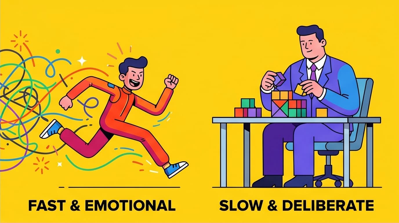 A visual representation of System 1 as a fast, sprinting character and System 2 as a slow, thoughtful character, explaining the two modes of thinking for better decision making.