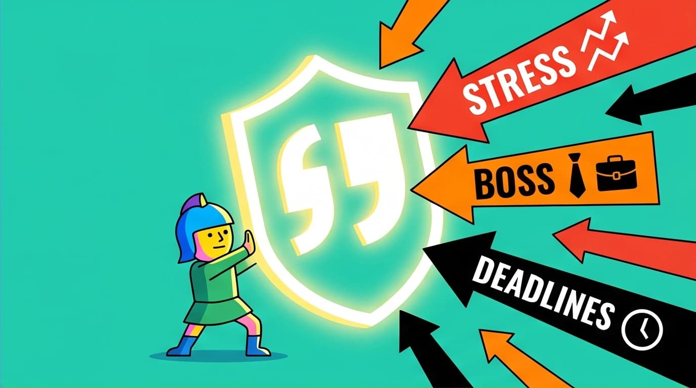 A character using a witty life quote as a powerful shield to defend against the stresses of modern work and life.