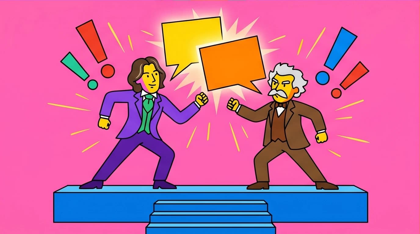 An abstract depiction of literary giants Oscar Wilde and Mark Twain in a clever duel of wits, using words as weapons.