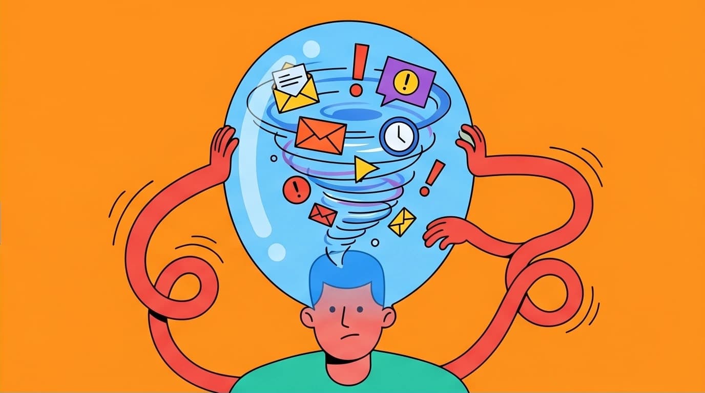 Illustration showing a person with brain overload from confusing urgent and important tasks, a common pitfall in time management and productivity.