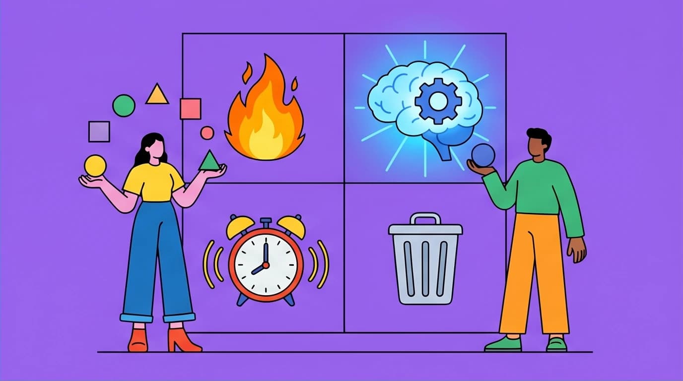 A person sorting tasks into the four quadrants of the Eisenhower time management matrix: urgent, important, delegate, and delete for efficiency.