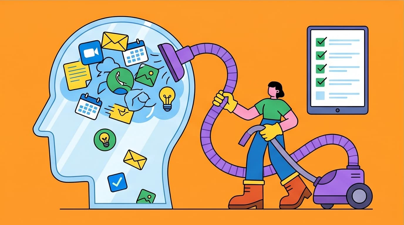Concept of the GTD method: a person clearing their cluttered mind of tasks into an organized system to improve focus and reduce anxiety.