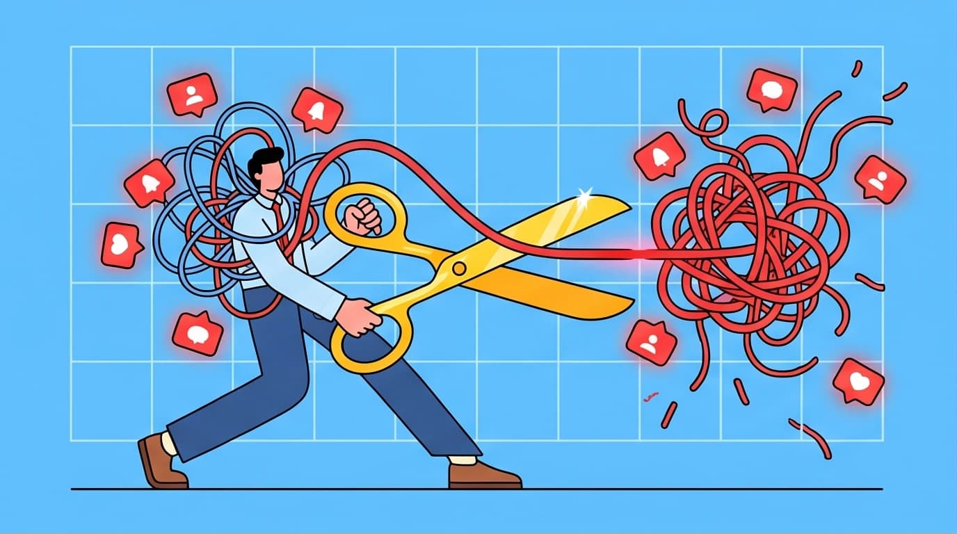 Illustration of a professional escaping tangled busywork with giant scissors, symbolizing effective workplace time management and productivity skills.
