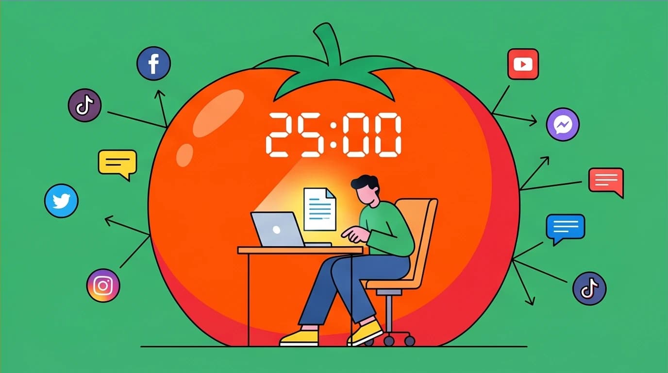 A focused worker using the Pomodoro Technique, protected from distractions by a tomato-shaped shield to achieve deep work and productivity.