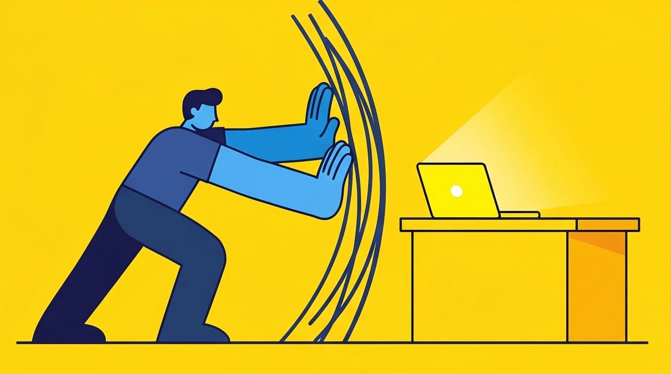 An illustration showing a person overcoming task paralysis by pushing through an invisible barrier, a core concept in time management for procrastination.