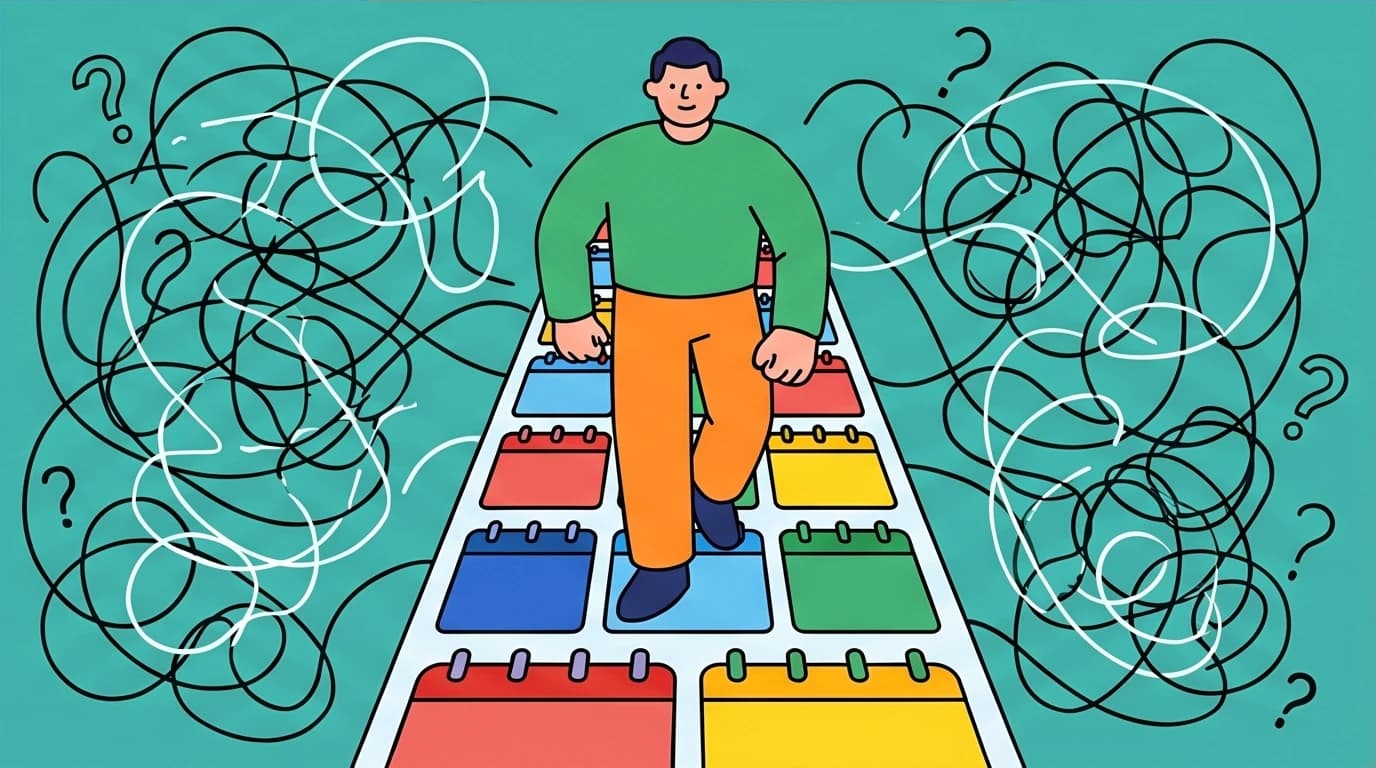 The time blocking method visualized as a person walking on a structured calendar path through a chaotic day, a key technique for procrastination.