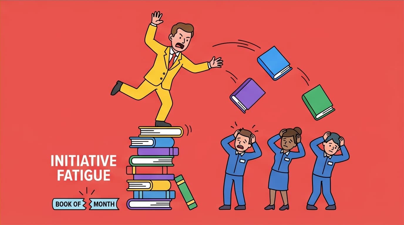 Illustration of a leader causing 'initiative fatigue' by overwhelming their team, a common trap effective leadership books warn against.