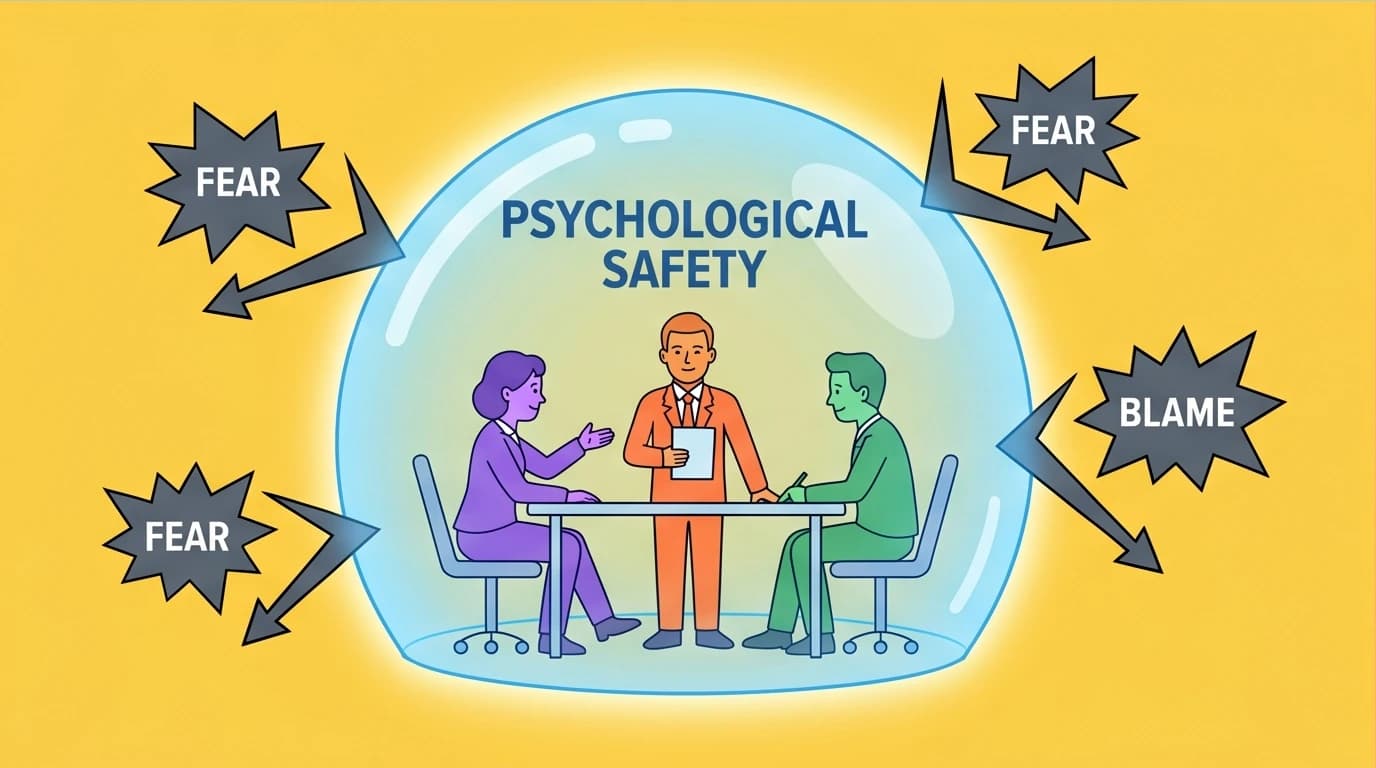 A diverse team working inside a protective bubble of psychological safety, a key to high-performing company culture from leadership development books.