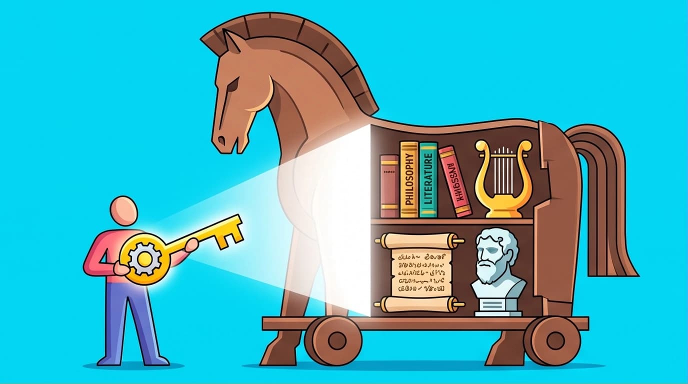 An illustration of a Trojan Horse revealing a library, symbolizing the Trojan War background as the key to understanding Greek mythology and Western culture.