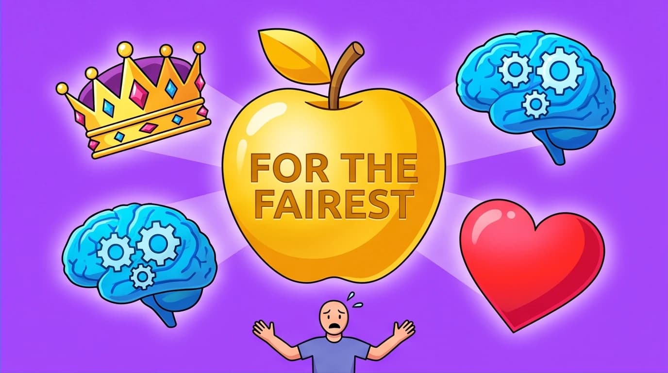 The mythological Judgement of Paris shown with a giant golden apple and abstract symbols for goddesses' bribes, a key event in the Trojan War's origin.