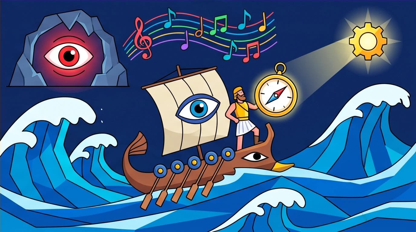 Odysseus using reason to navigate mythological dangers, an allegory for the historical context of The Odyssey and the dawn of humanism after the Trojan War.