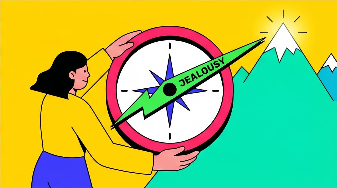 A character using negative emotions like jealousy as a compass for self-discovery, a core concept in advanced emotional intelligence management.