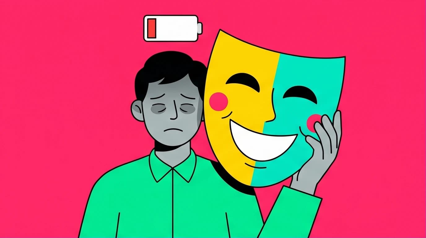 Illustration of a person hiding their exhausted face behind a smiling mask, representing the need to accept negative emotions for true high emotional intelligence.