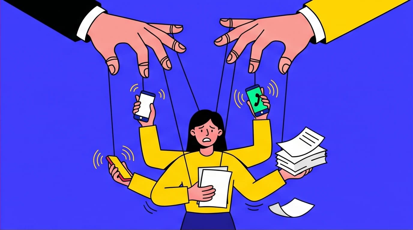 A character as a puppet on strings, symbolizing the trap of a people-pleaser personality and the consequences of having unclear personal boundaries.