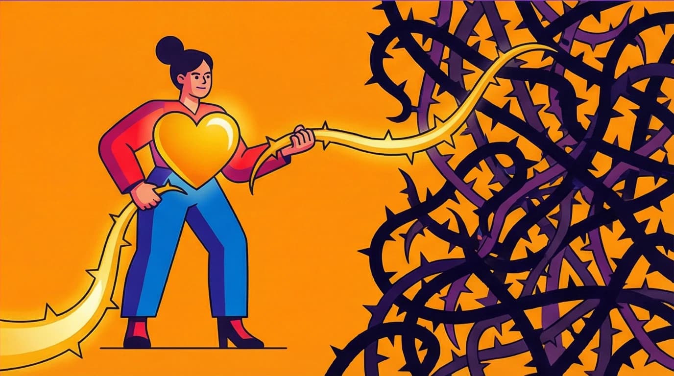 An empowering illustration of a woman untangling an obstacle, inspired by the Glennon Doyle Untamed mantra 'We can do hard things.'