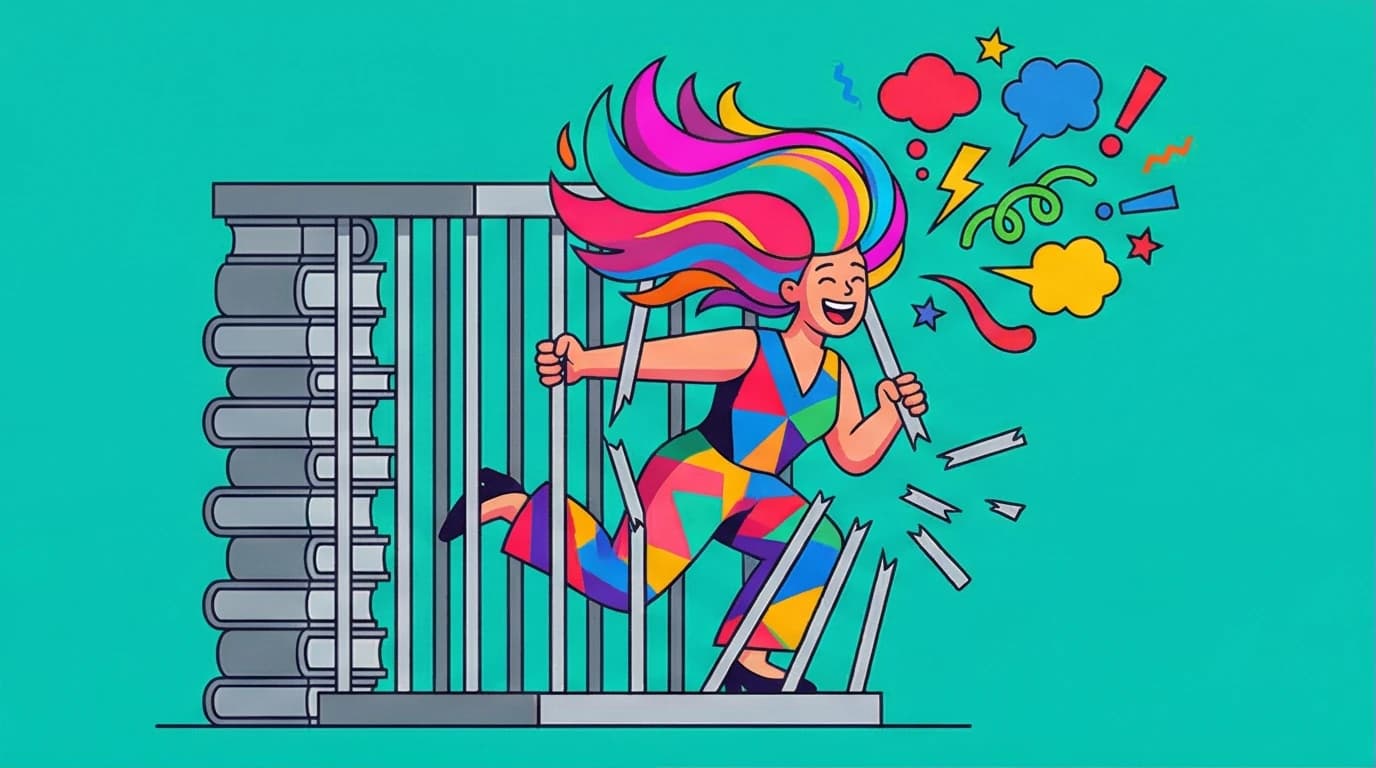 Illustration of a woman breaking free from a cage of books, symbolizing the liberating discussions sparked by Untamed book club questions.