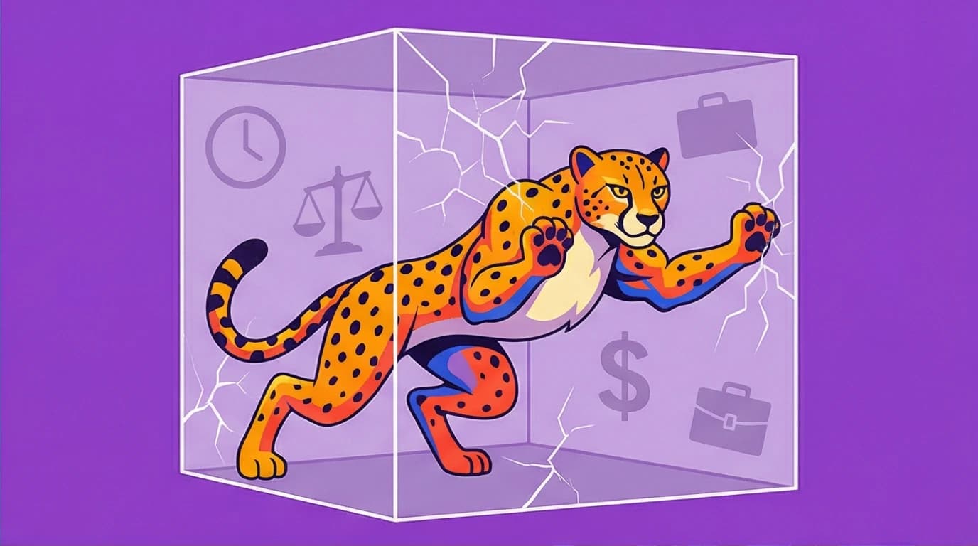 Corporate Memphis illustration of a cheetah breaking out of a cage, representing the core theme of Glennon Doyle's Untamed for book clubs.