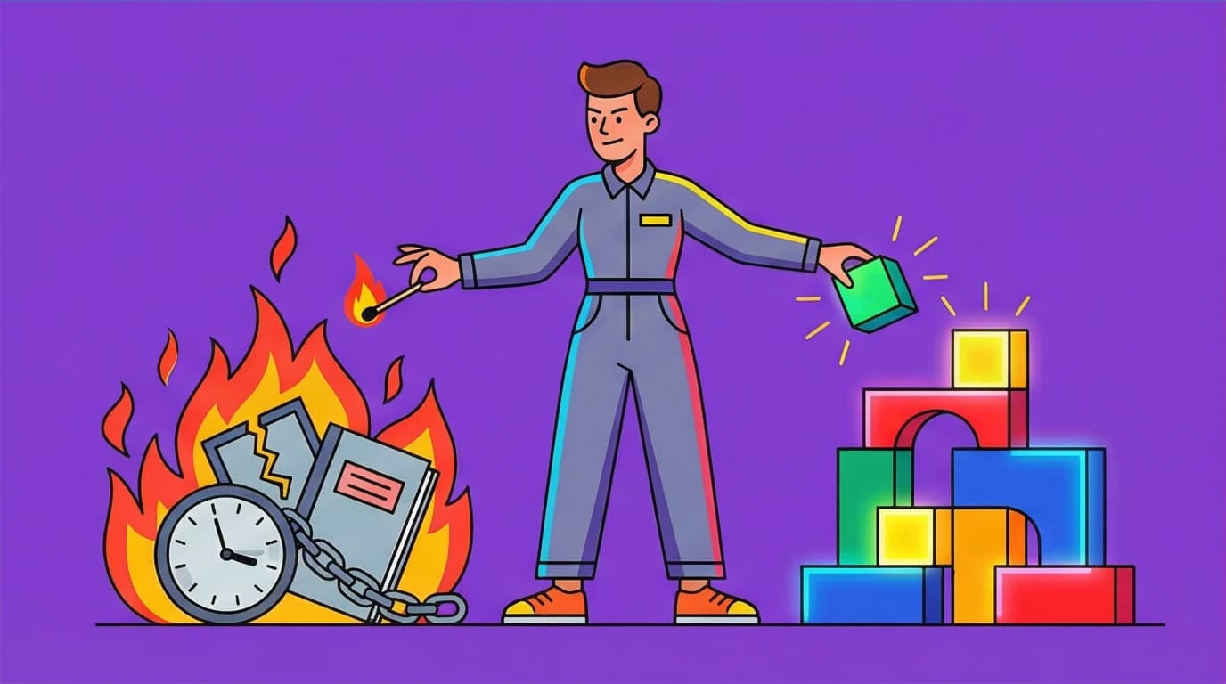 A person burns old restrictive symbols and builds a new life, representing the 'Build and Burn' concept from the Untamed book summary for achieving an authentic life.