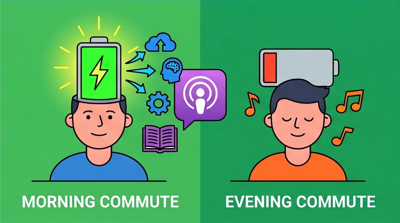 A visual comparison of brain energy levels for morning and evening commutes, highlighting the importance of energy management in learning.