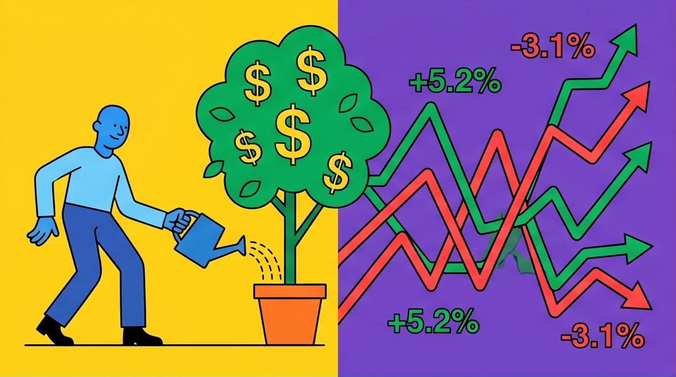 An illustration contrasting a calm investor growing a money tree with the chaos of the stock market, representing a core value investing strategy.