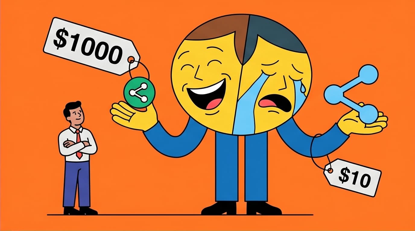An illustration of the 'Mr. Market' allegory, a key Benjamin Graham investing principle, showing an investor exploiting market mood swings.