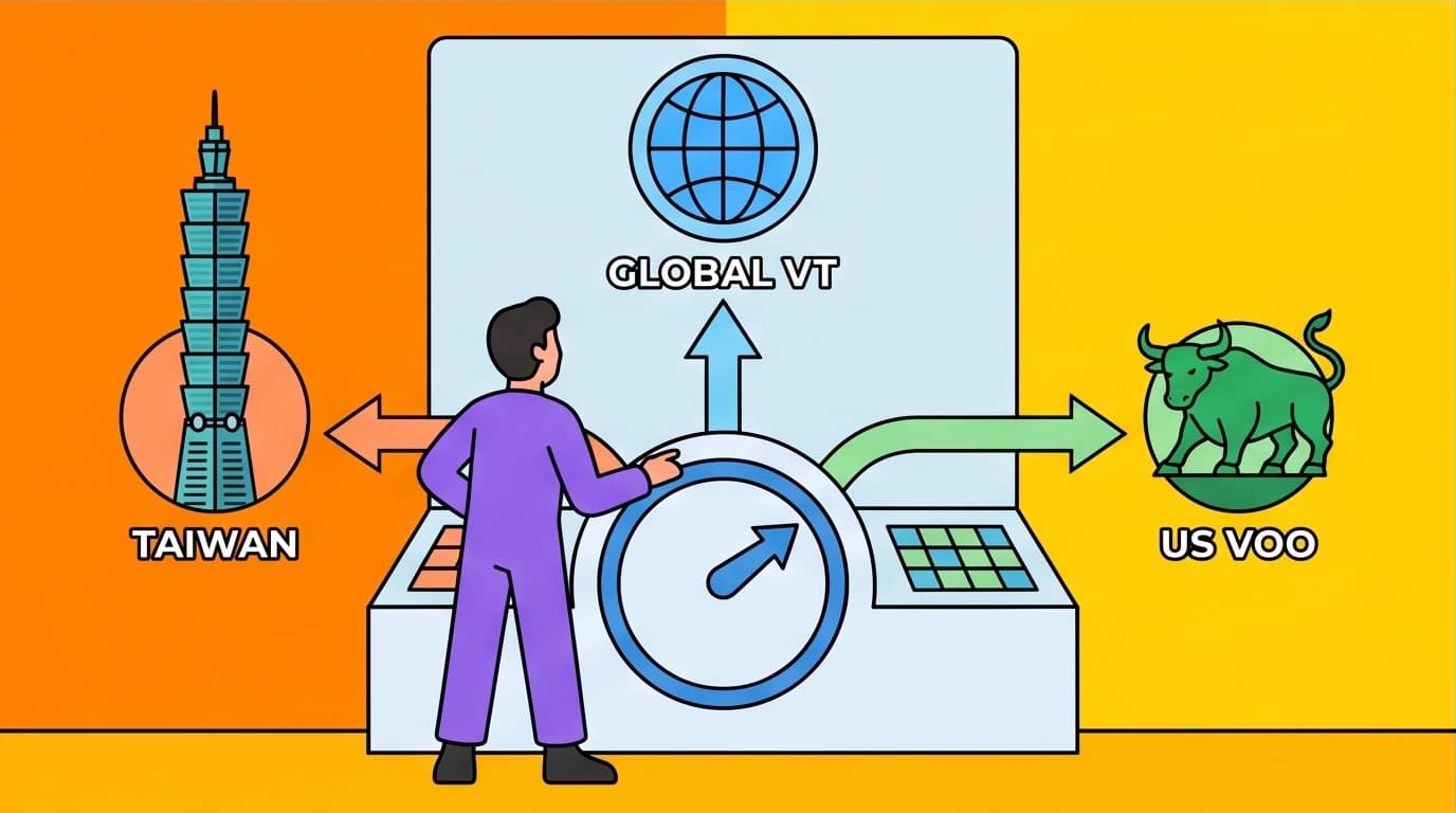 An investor choosing an asset allocation plan between Taiwan (006208), Global (VT), and US (VOO) ETFs for a long-term portfolio.