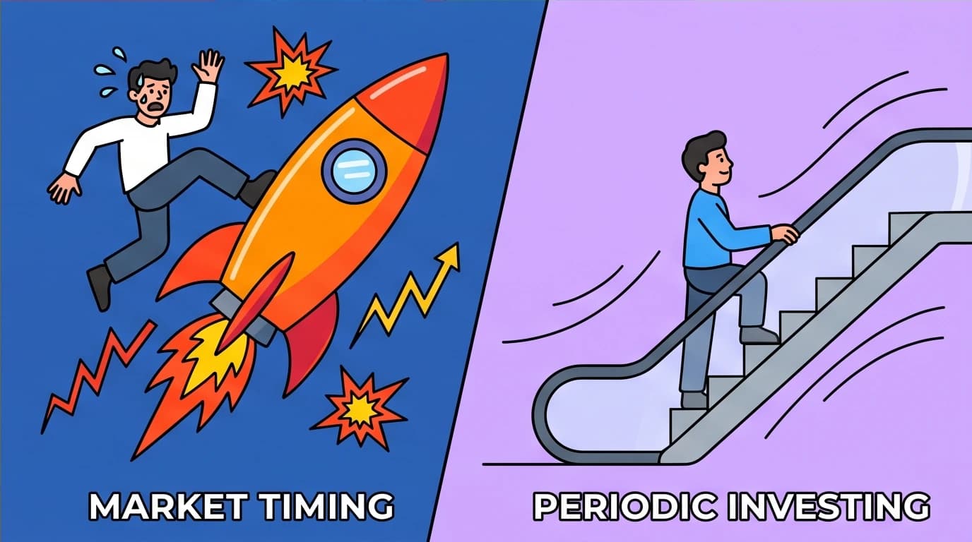 An illustration contrasting risky market timing with disciplined periodic investing, a core rule for the Wealth Ladder ETF strategy.