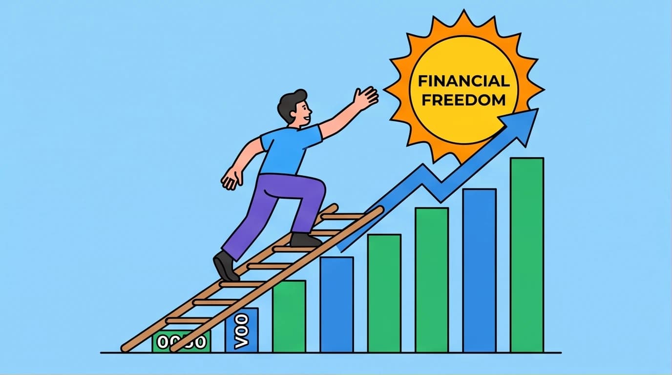 A person climbing a bar chart ladder towards a sun, illustrating the Wealth Ladder strategy through ETF index investing with 0050 and VOO.