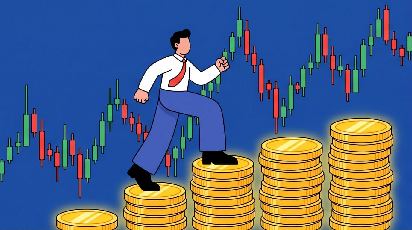 An illustration of a person building wealth with a Dollar-Cost Averaging strategy, calmly walking up a staircase of coins amidst volatile stock market charts, symbolizing the 'Wealth Ladder' investment method.