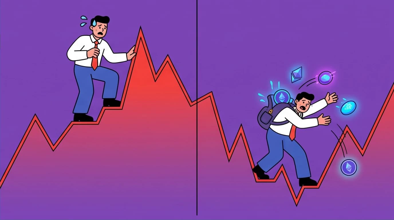A visual representation of investor psychological traps: one person fears buying at market highs, while another panic-sells during a crash, hindering their investment strategy.