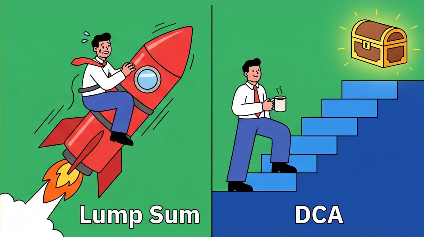 A comparison of Lump Sum investing versus Dollar-Cost Averaging (DCA), showing DCA as a calm, steady staircase and Lump Sum as a risky rocket ride, highlighting the psychological benefits of a consistent strategy.