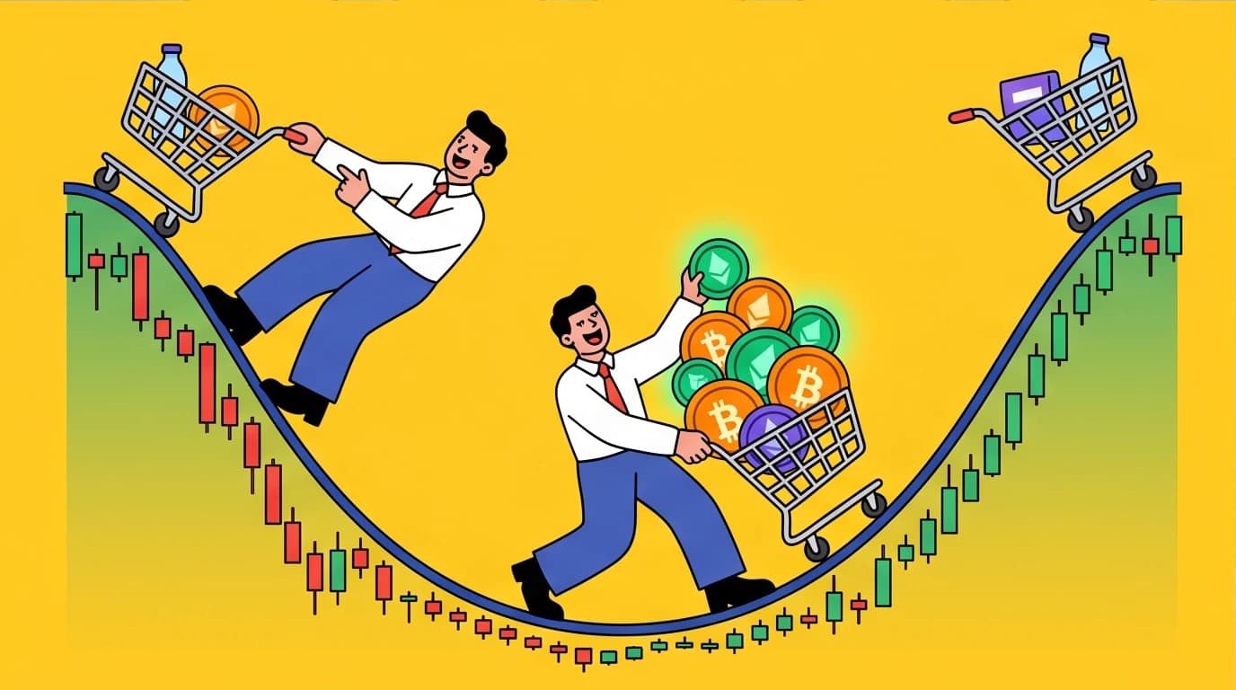 An illustration of the 'smile curve' in Dollar-Cost Averaging, showing an investor buying many more assets when the market price is low, a core benefit of the 'Just Keep Buying' strategy.