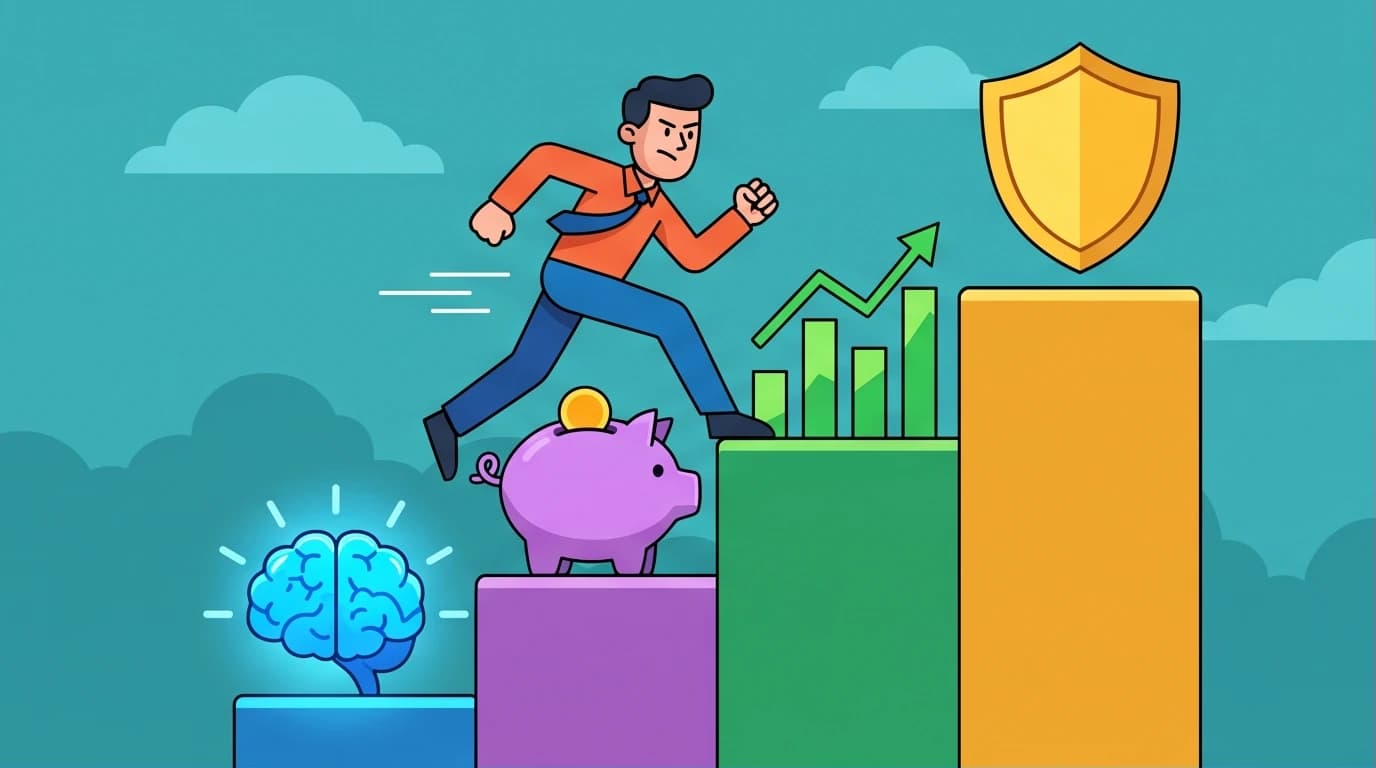 An illustration of a character climbing the Wealth Ladder, a financial framework by Nick Maggiulli, showing stages from income focus to asset growth.