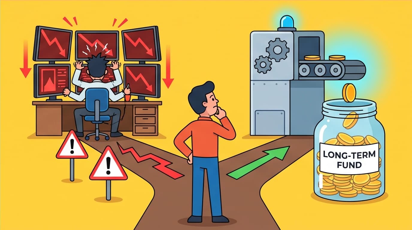 An image contrasting stressful day trading with calm, automated investing, clarifying a key strategy in Nick Maggiulli's Wealth Ladder.