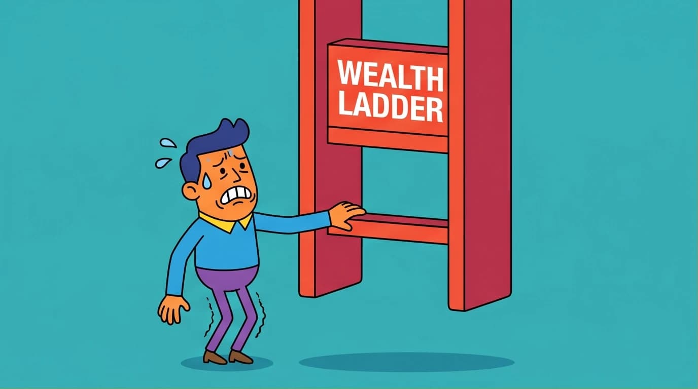 Illustration of a person struggling with an inaccessible 'Wealth Ladder,' a critique on applying generic financial advice like 'Just Keep Buying' in Taiwan's unique economy.