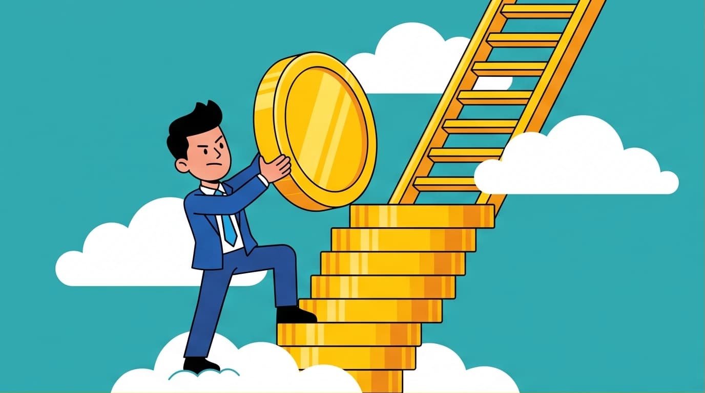 Illustration of a person building the first step of a wealth ladder with a giant coin, symbolizing the importance of saving money before investing.
