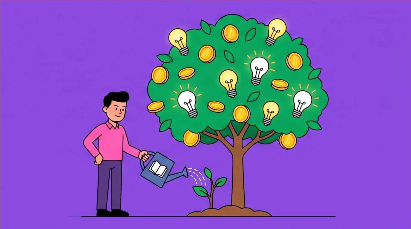 An image representing self-investment, where watering a plant with knowledge from a book leads to a tree of income and ideas.