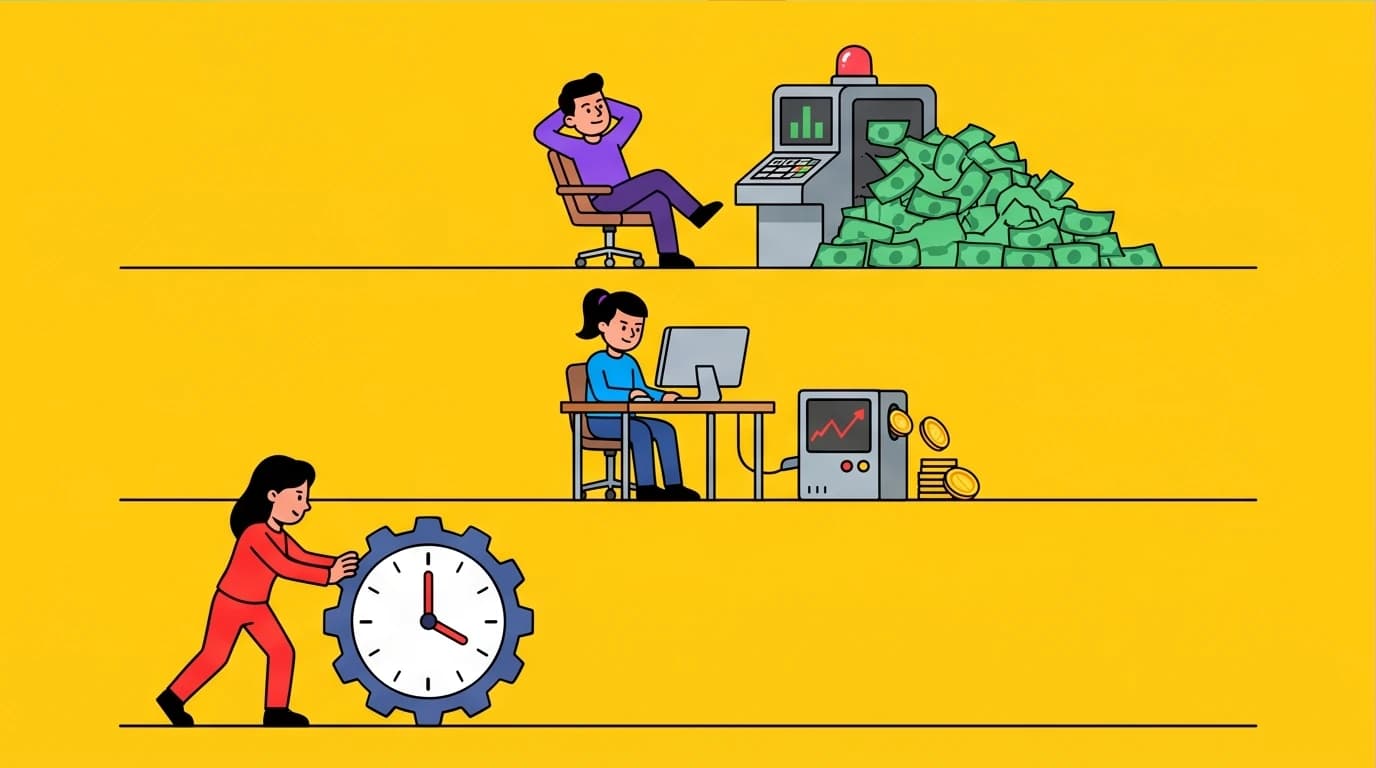 Diagram illustrating the three stages of the wealth ladder, from trading time for money to achieving financial freedom through capital.