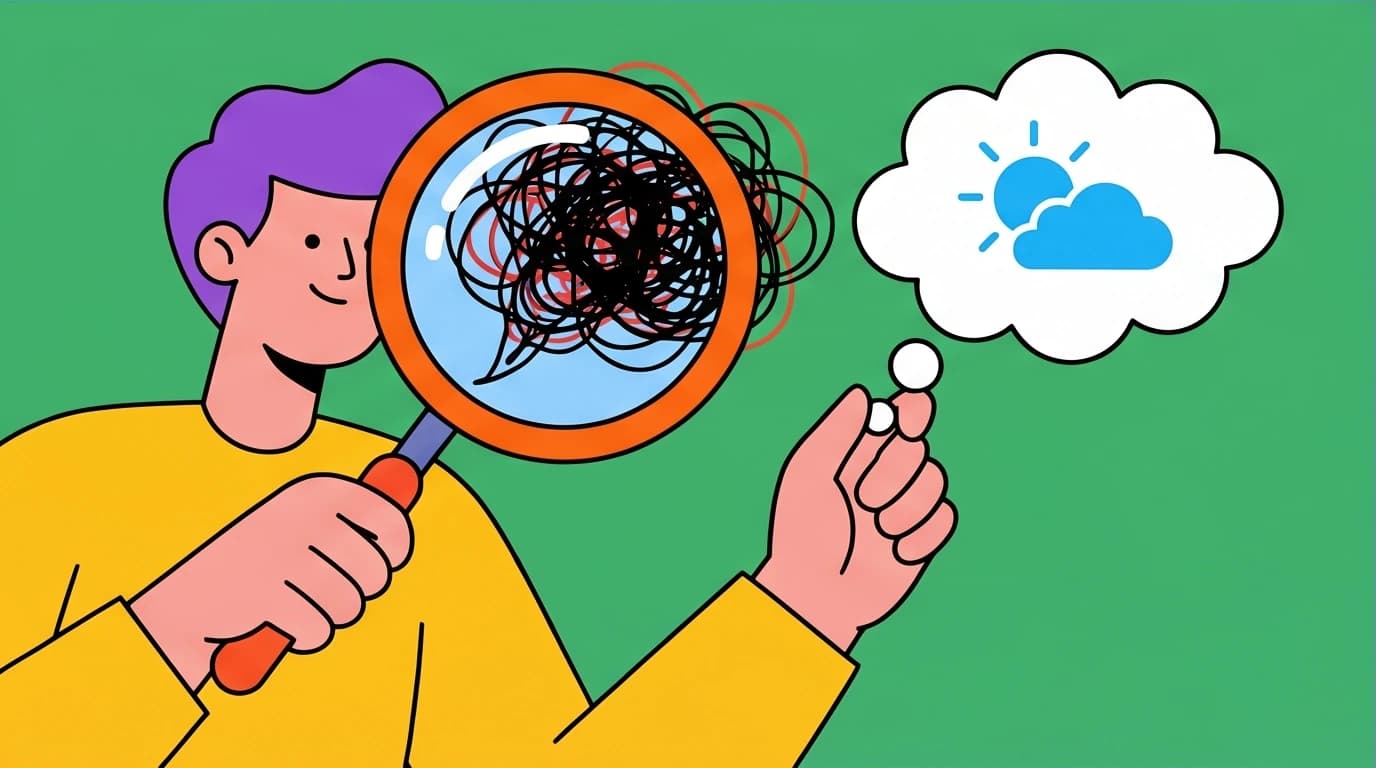 An illustration of a person replacing a negative thought, demonstrating the cognitive restructuring technique used in CBT for anxiety.