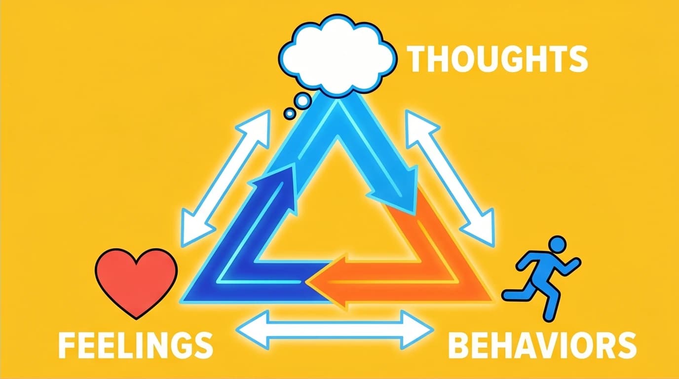 A diagram of the Cognitive Triangle in CBT, showing the interconnected cycle of thoughts, feelings, and behaviors that drives anxiety.