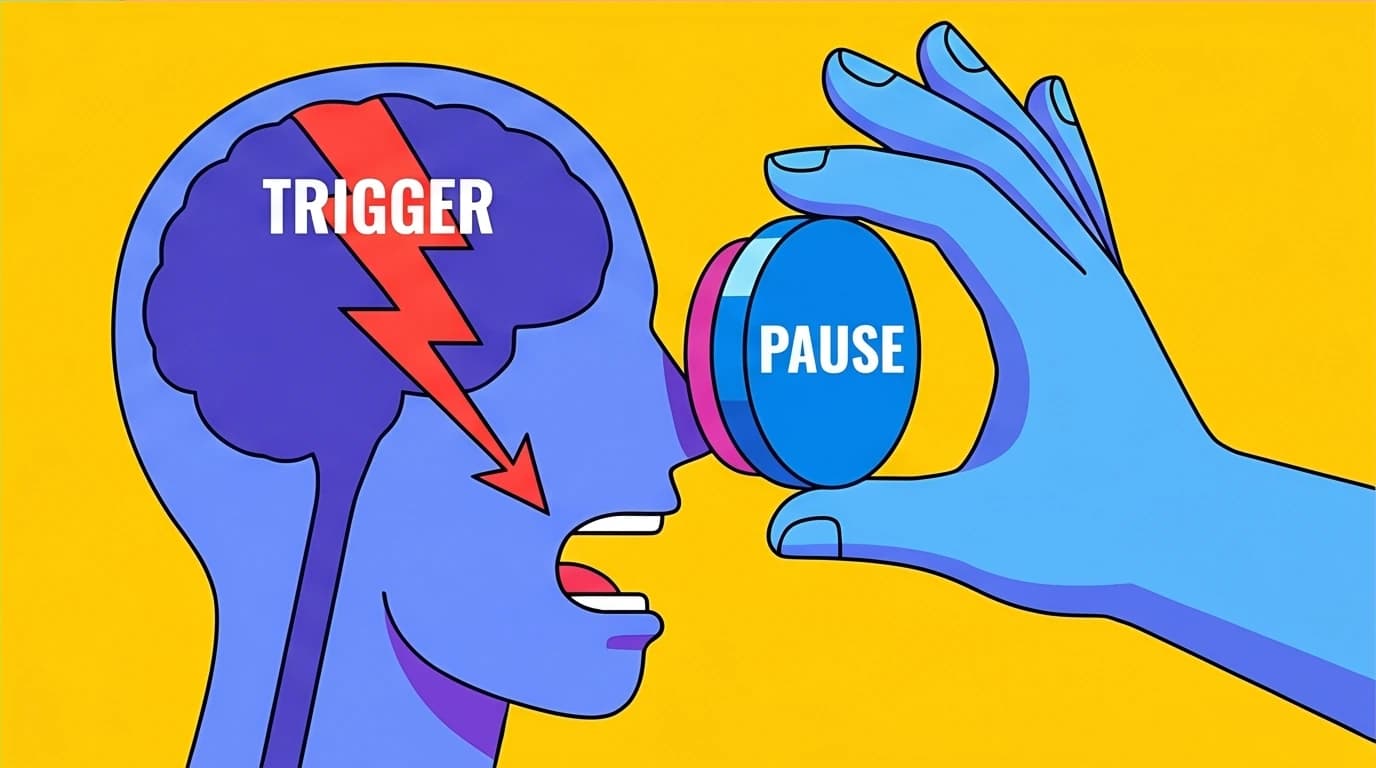 An illustration showing a pause button stopping an angry reaction inside a person's head, a key characteristic of a resilient person.