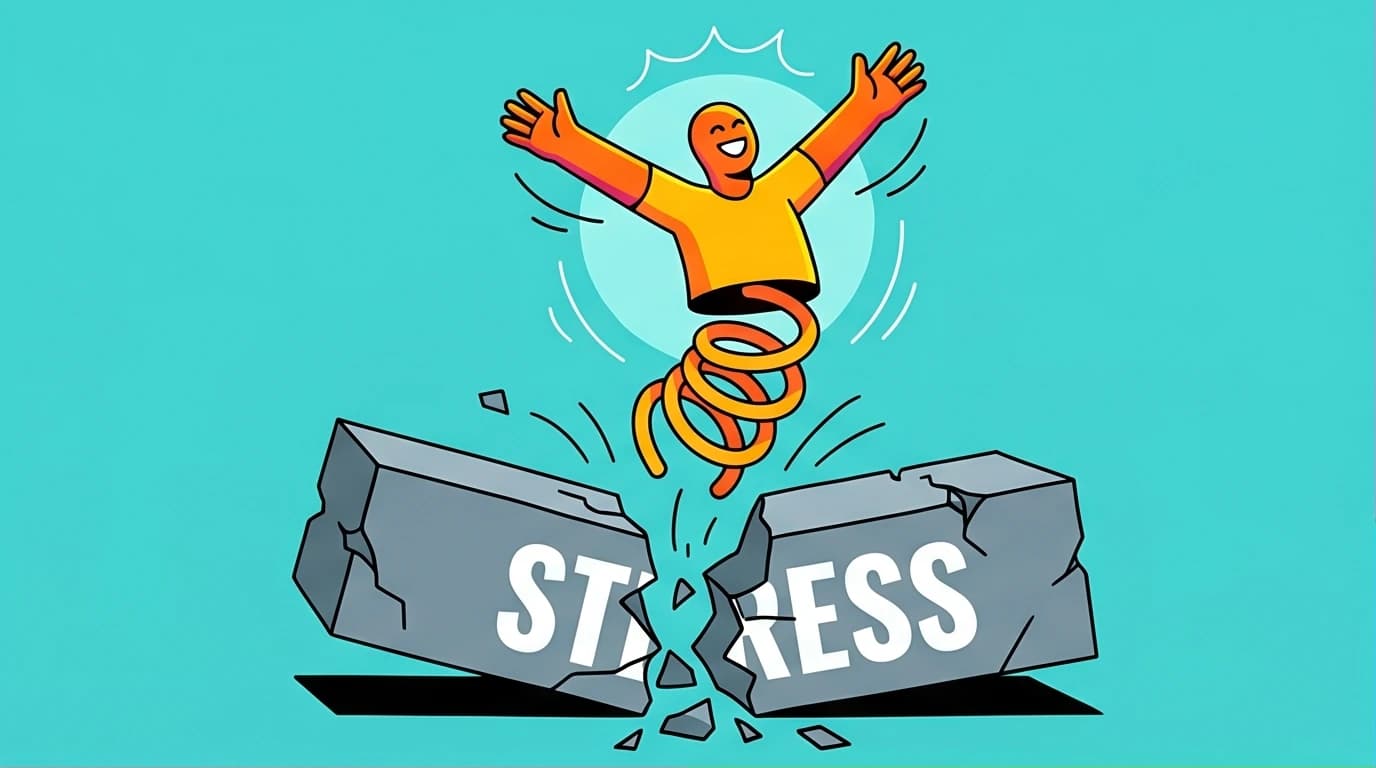 Illustration of a character with a spring body bouncing back from a heavy block labeled 'STRESS', symbolizing the psychology of emotional resilience.